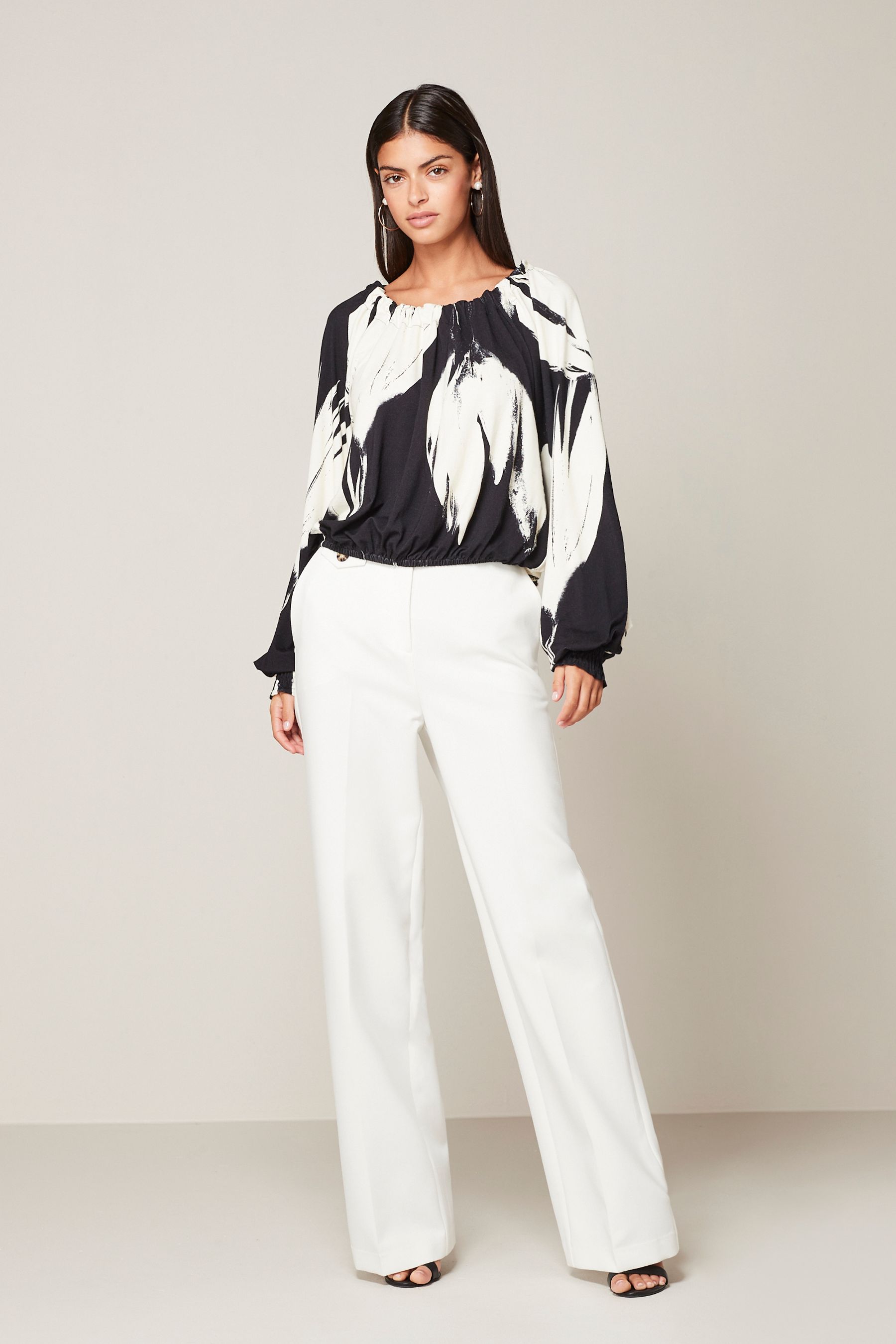 Buy Black/White Floral Print Long Sleeve Tie Back Bubblehem Top from ...
