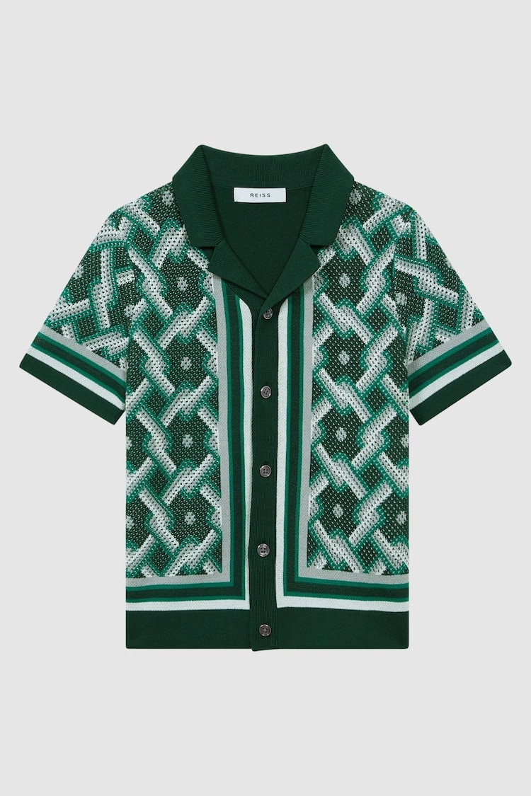 Reiss Green Multi Hyde Senior Knitted Cuban Collar Button-Through Shirt - Image 1 of 1