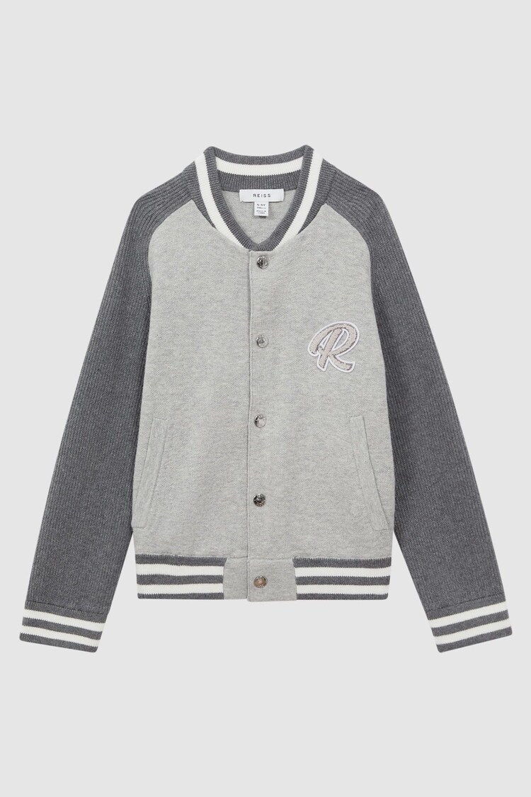 Reiss Soft Grey Belsize 3-9 yrs Cotton Blend Varsity Bomber Jacket - Image 1 of 1