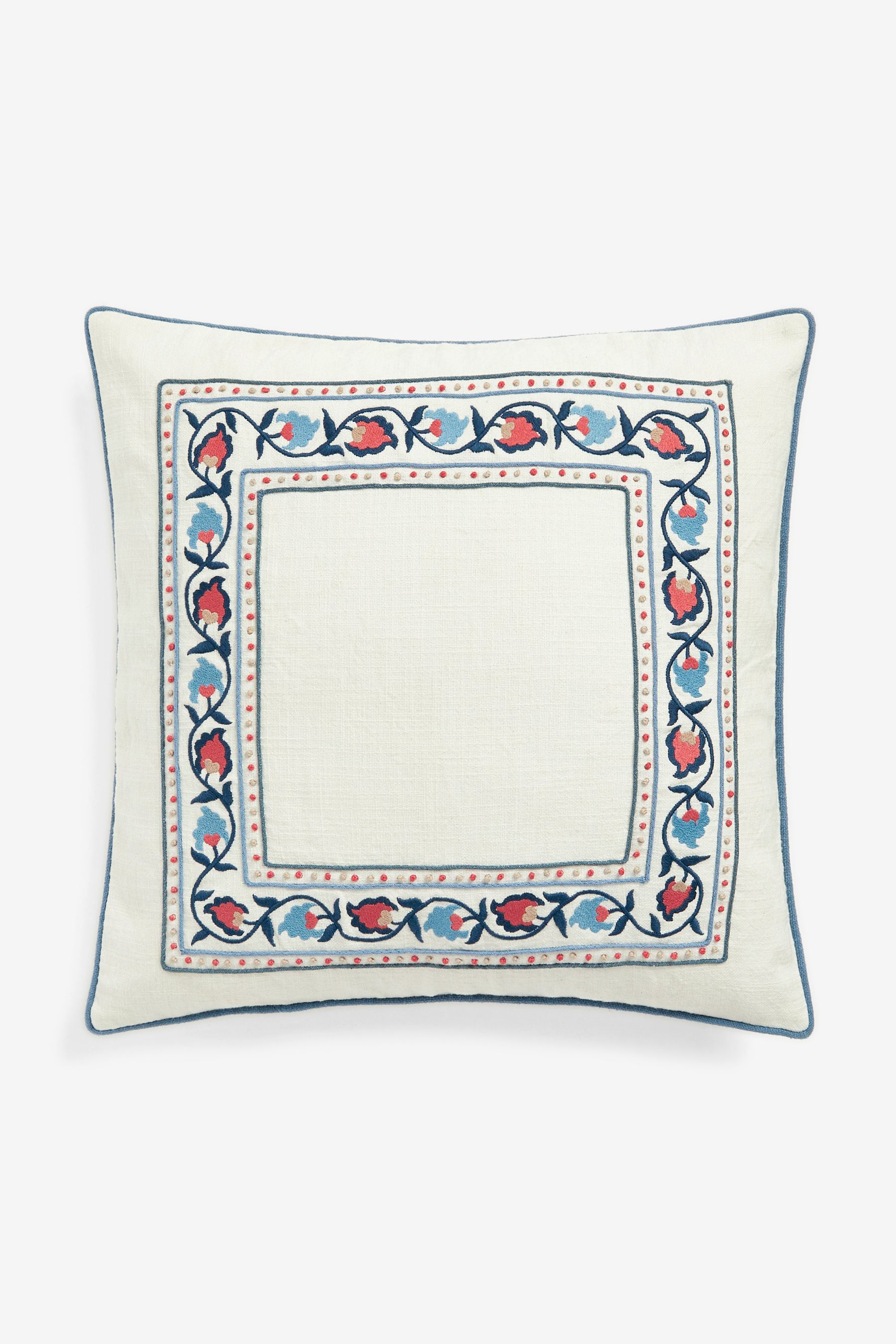 Buy Nina Campbell Navy Blue Suzani Floral Embroidered Border Feather Filled Cushion from the
