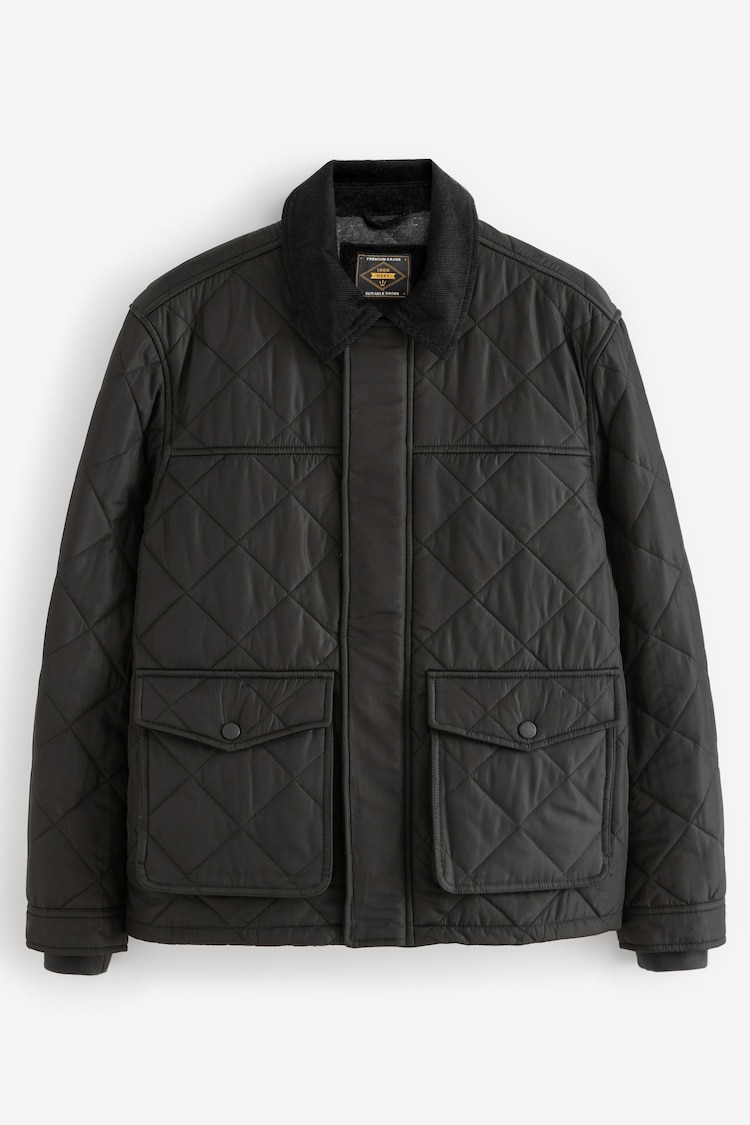 Black Shower Resistant Diamond Quilt Corduroy Collared Jacket - Image 1 of 1