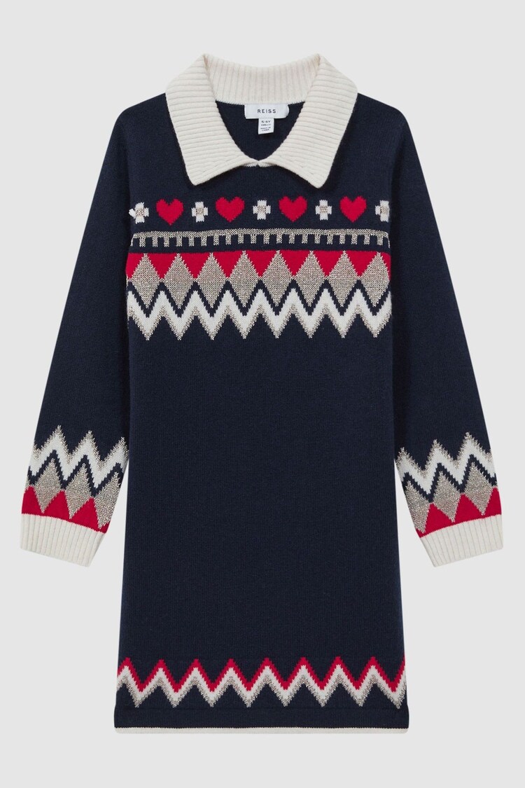 Reiss Navy Billie 9-14 yrs Fairisle Pattern Knitted Dress - Image 1 of 1