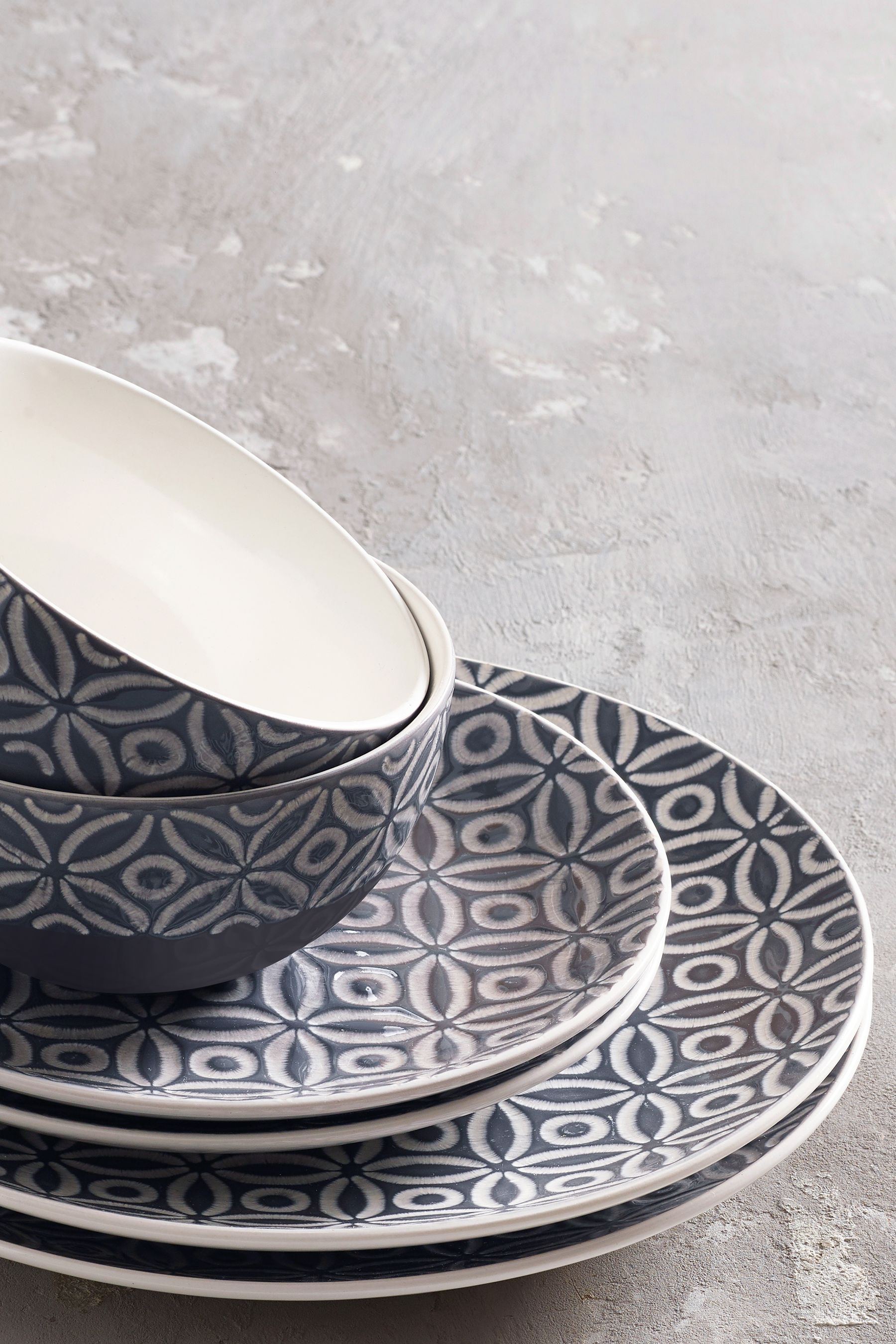 Buy Charcoal Grey Geo Embossed 12 Piece Dinner Set from the Next UK