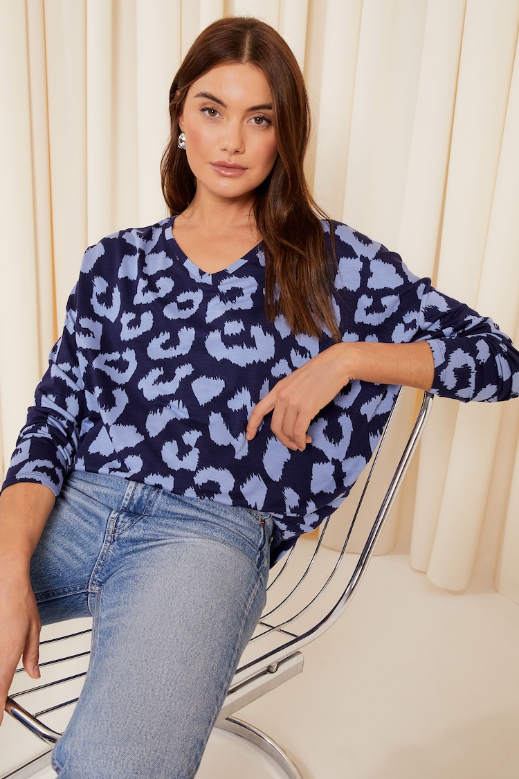 Friends Like These Bright Blue Animal Soft Jersey V Neck Long Sleeve Tunic Top - Image 1 of 1