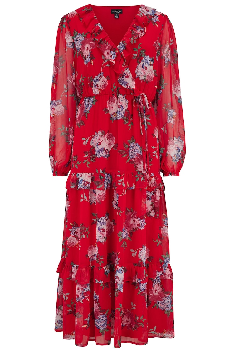 Pour Moi Red Floral Print Chiffon Frill Midaxi Dress - Image 1 of 1