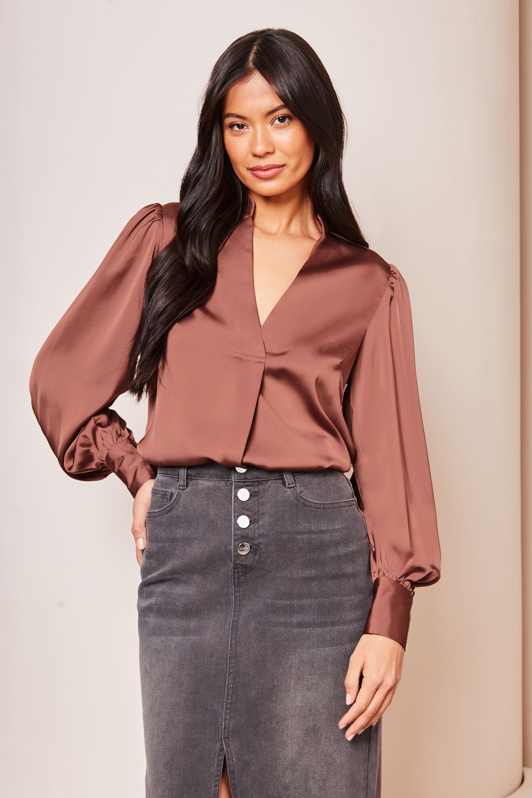 Buy Lipsy Pink Grandad Collar V Neck Puff Sleeves Satin Blouse from ...
