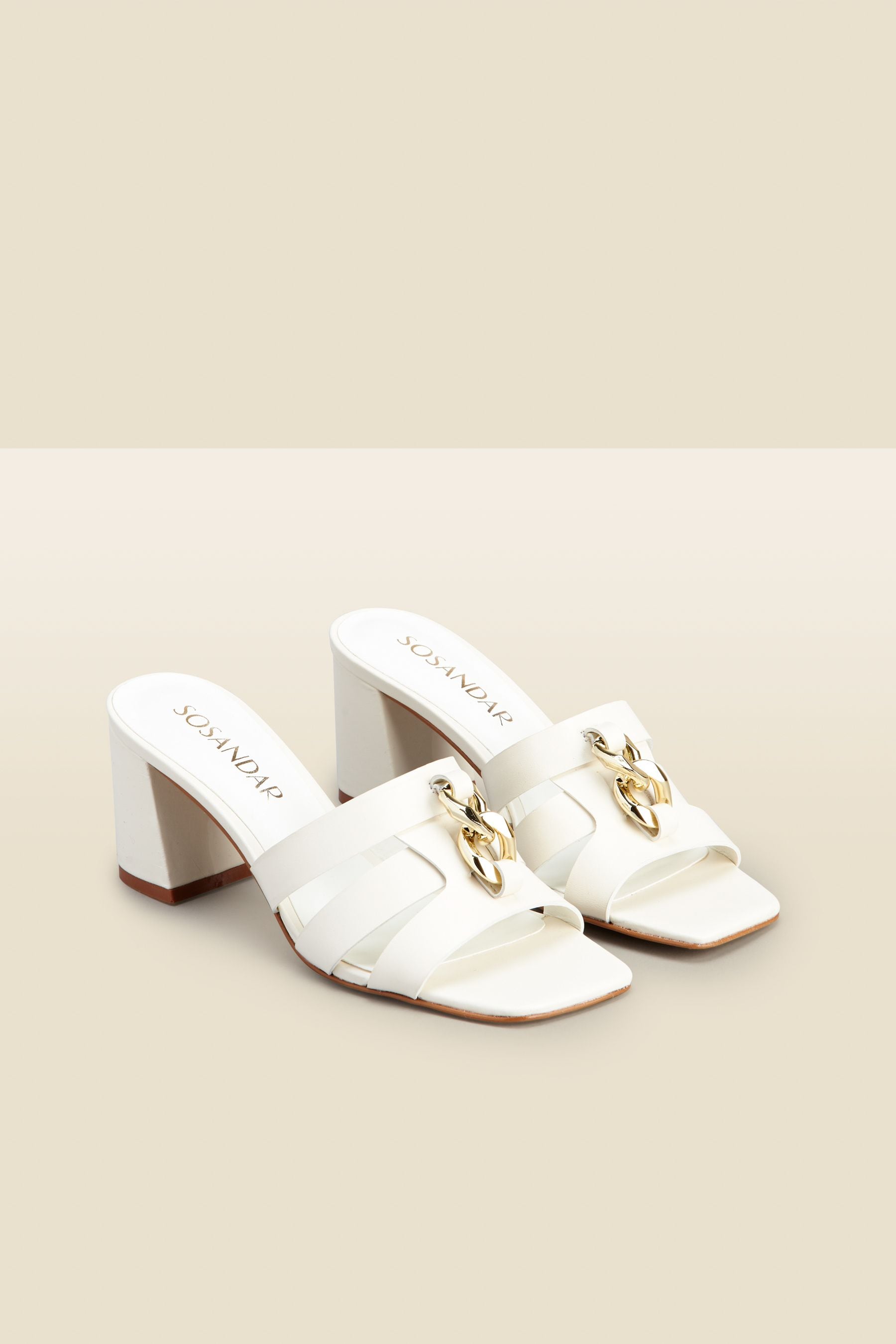 Buy Sosandar White Leather Low Block Heel Chain Trim Mules from the ...