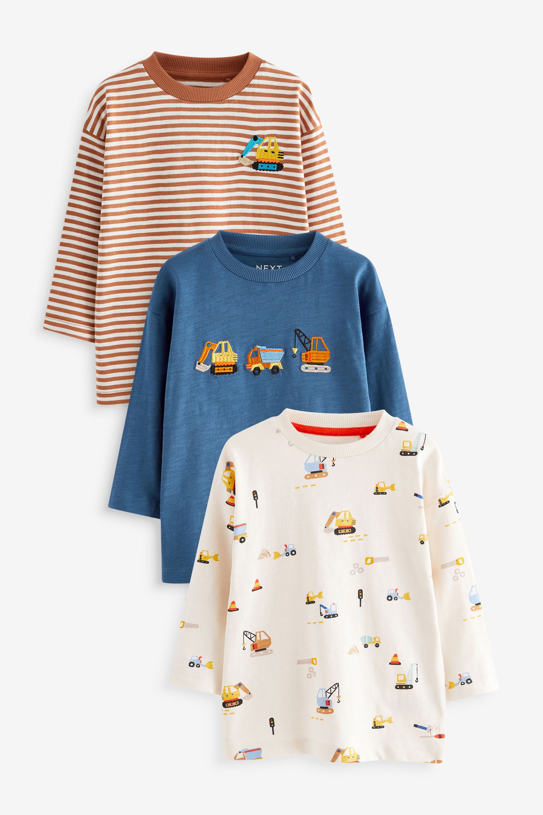 Blue Diggers Long Sleeve Transport T-Shirts 3 Pack (3mths-7yrs)