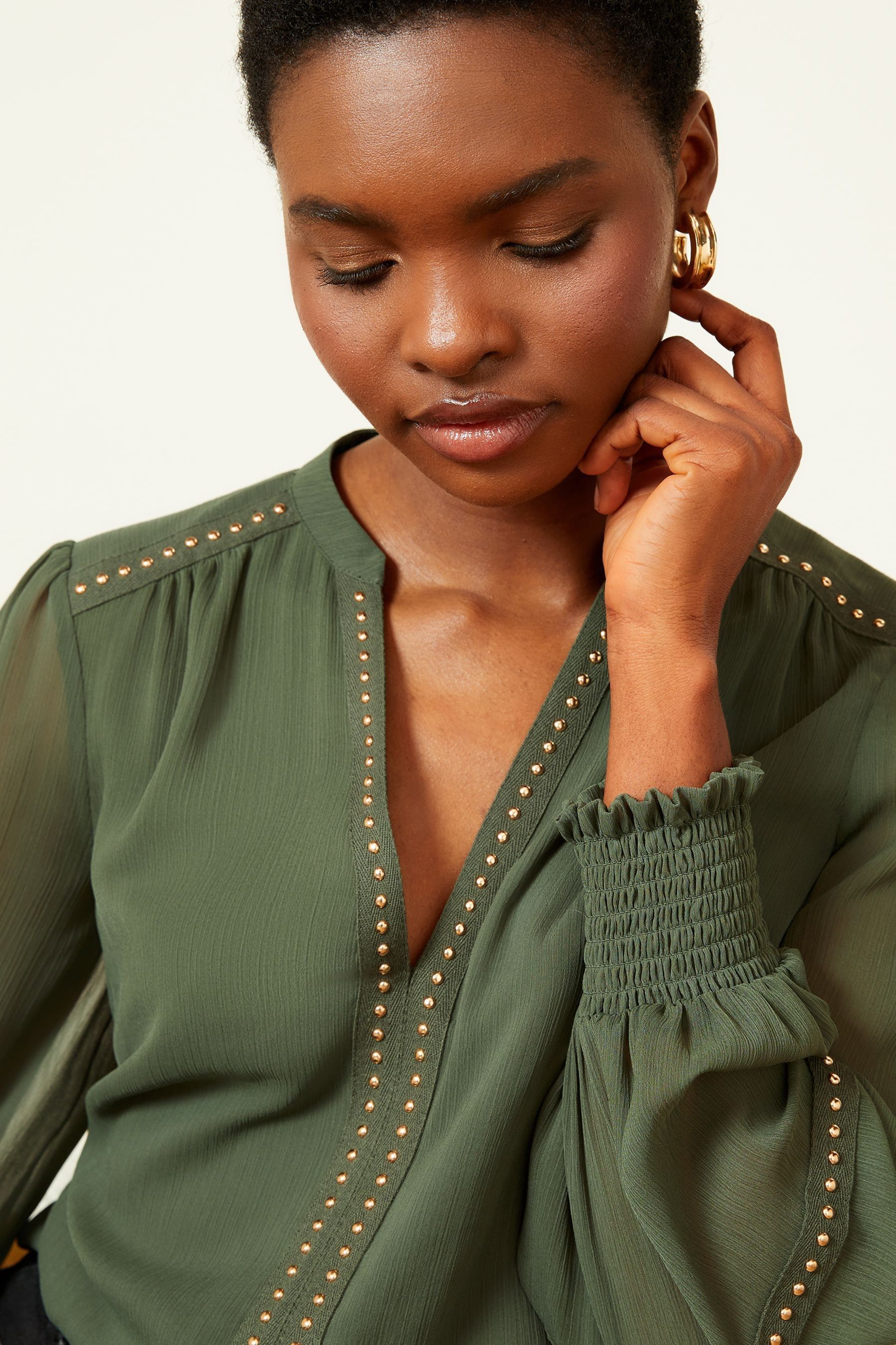 Buy Love & Roses Khaki Green Printed V Neck Long Sleeve Hardware Blouse