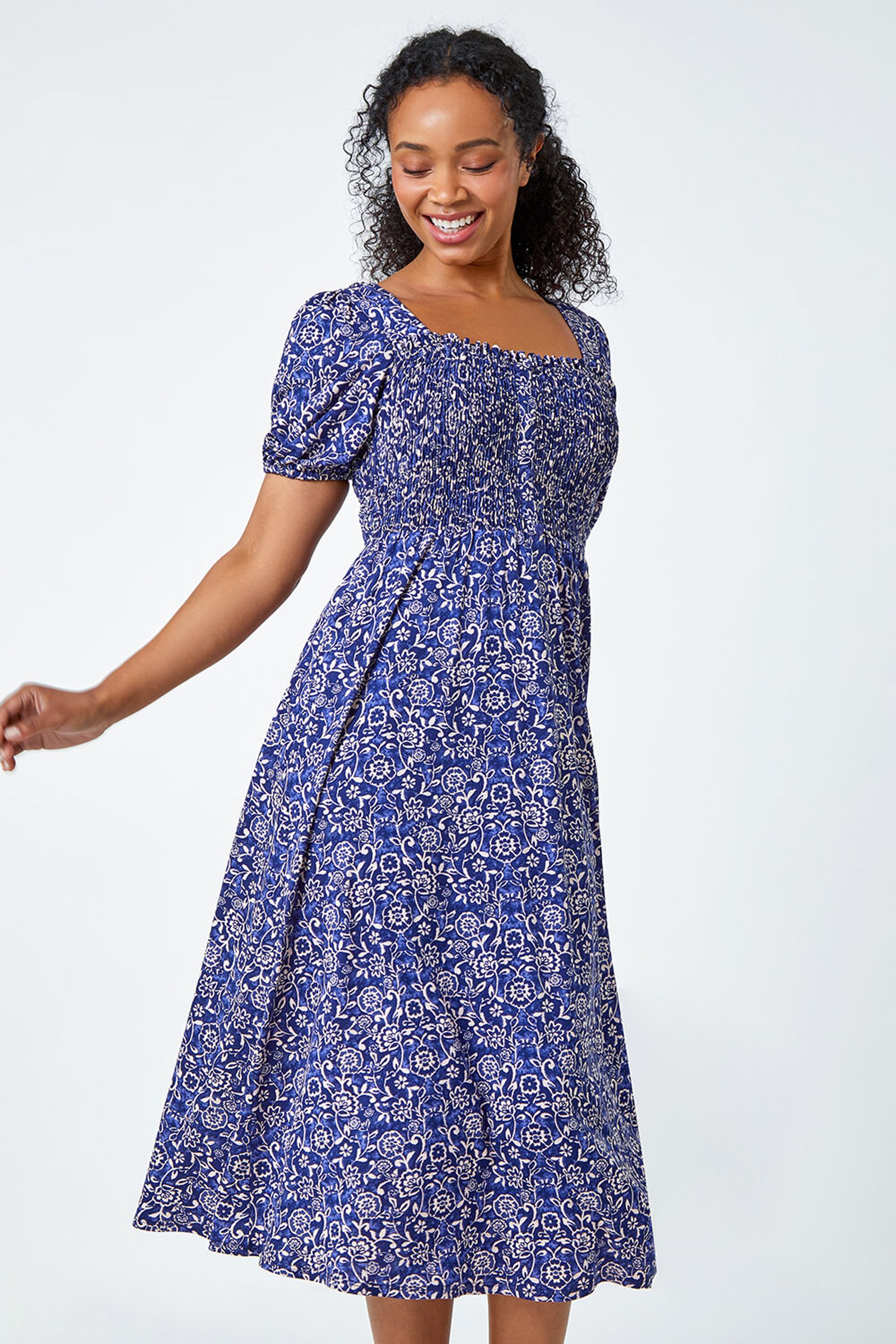 Buy Roman Blue Shirred Stretch Floral Dress from the Next UK online shop