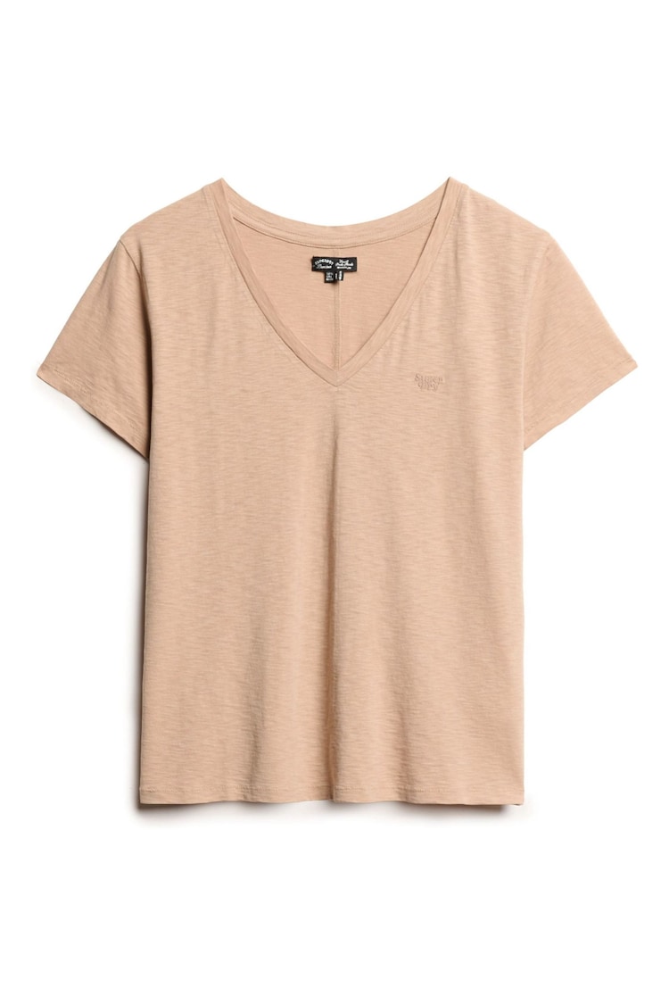 Superdry Light Taupe Slub Embroidered Relaxed V-Neck T-Shirt - Image 1 of 1