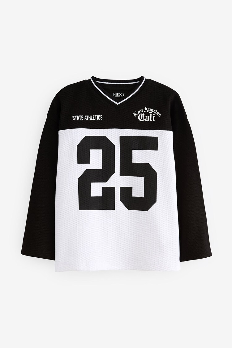Black/White 100% Cotton Long Sleeve Varsity T-Shirt (3-16yrs) - Image 1 of 1