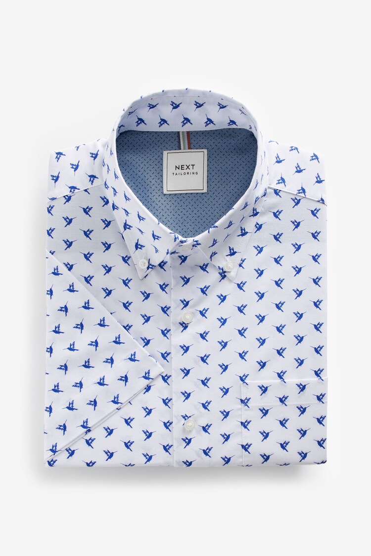 White/Blue Hummingbird Easy Iron With Button Down Collar Short Sleeve Oxford Shirt - Image 1 of 1