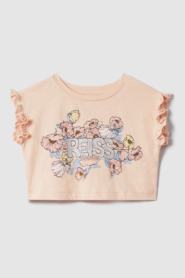 Reiss Pink Saskia 4-9 yrs Ruffle Sleeve Cropped Motif T-Shirt - Image 1 of 1