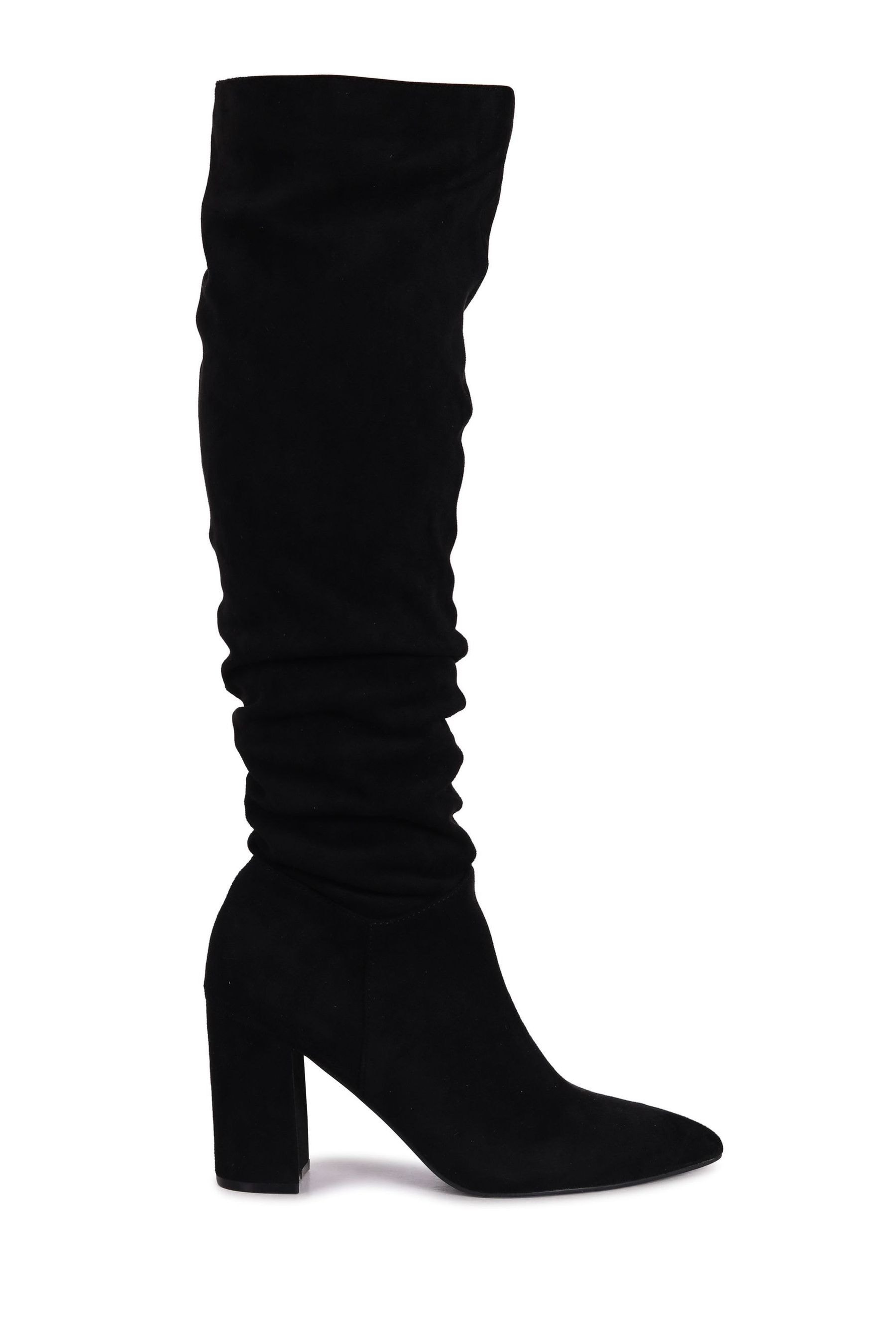 Buy Linzi Black Nina Faux Suede Block Heel Knee High Ruched Boots With ...