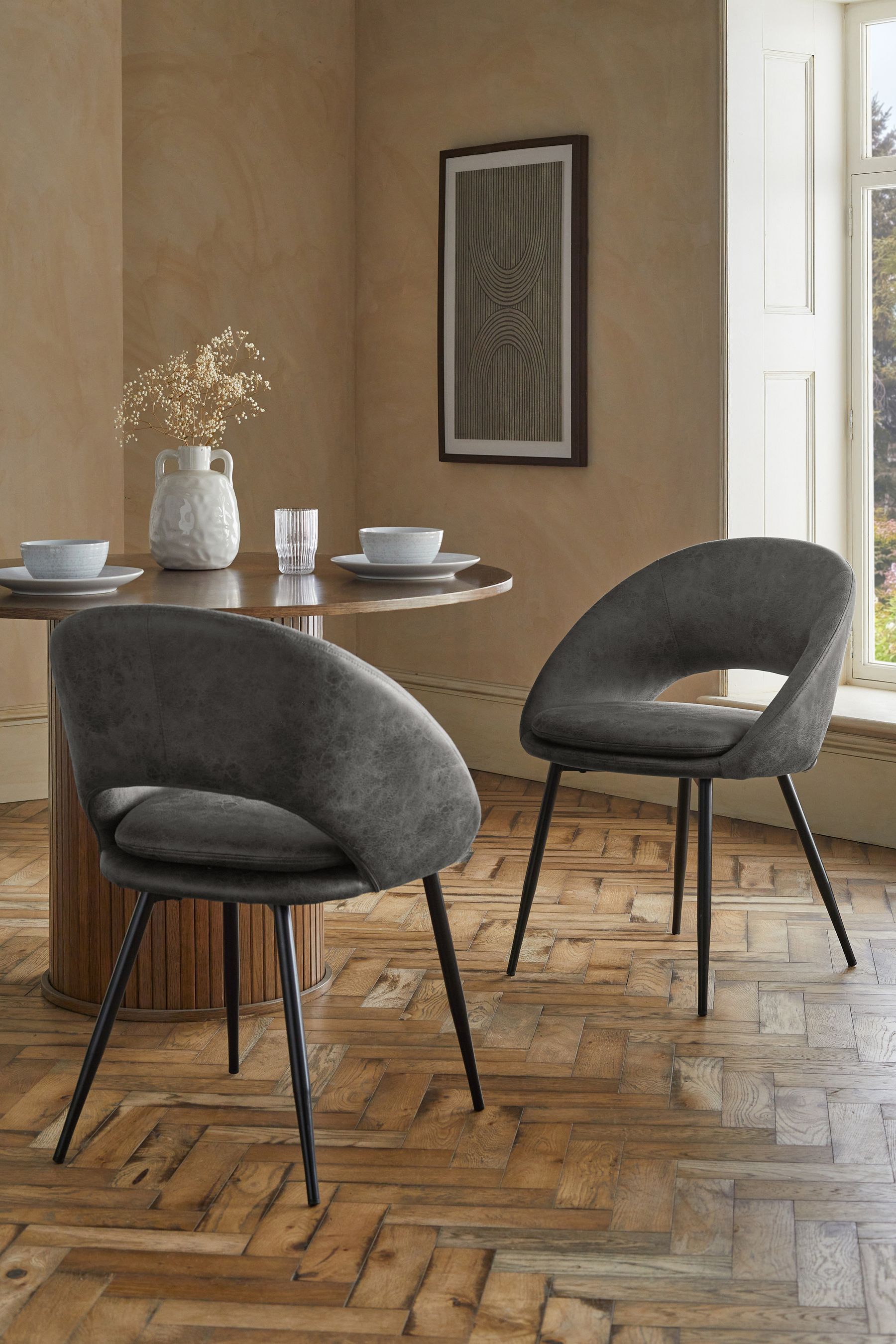 Buy Set of 2 Monza Faux Leather Dark Grey Hewitt Black Leg Dining