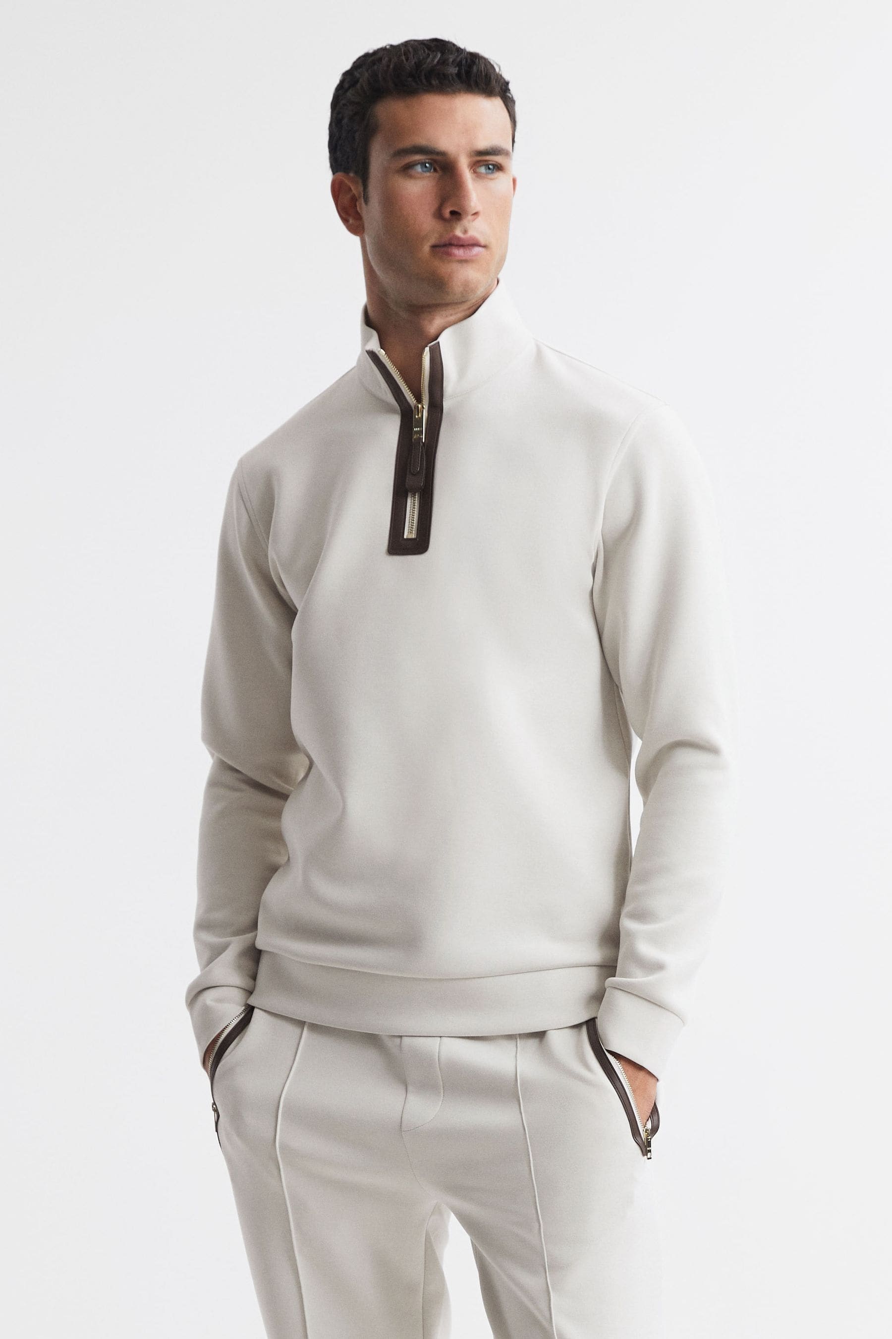 Buy Reiss Off White Hale Contrast HalfZip Funnel Neck Jumper from the