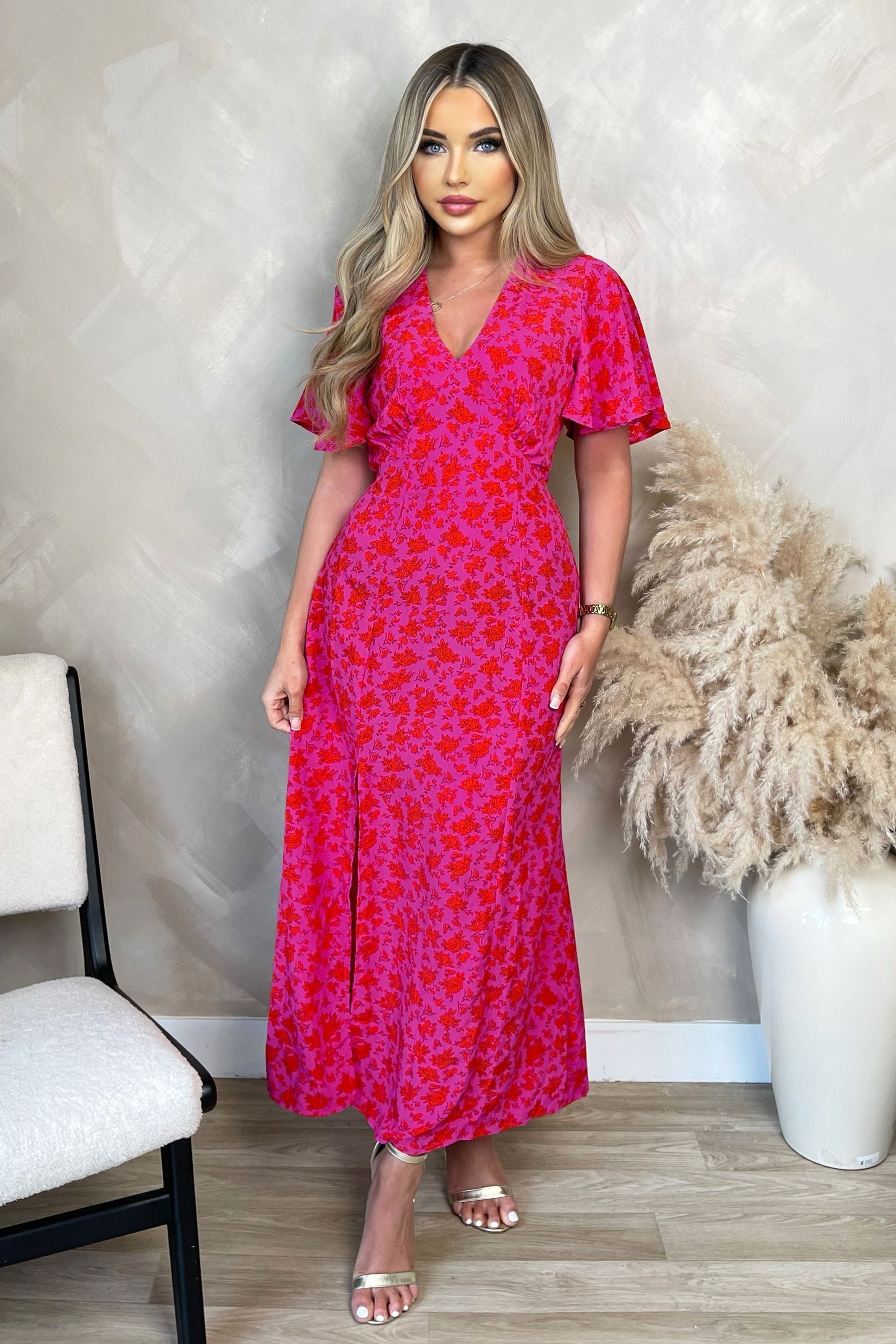 Buy AX Paris Pink Floral Printed V-Neck Short Sleeve Midi Dress from ...