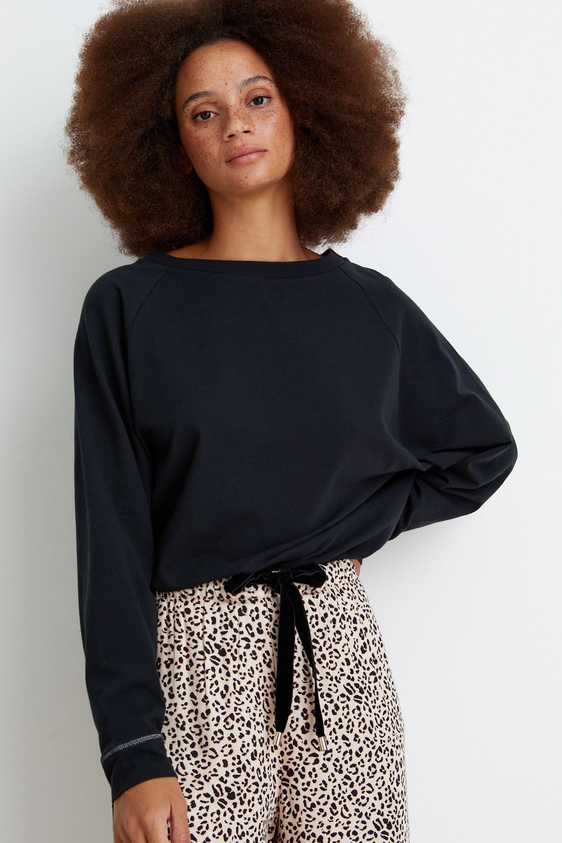 Buy Oliver Bonas Leopard Print Black Top And Trousers Pyjama Set from ...