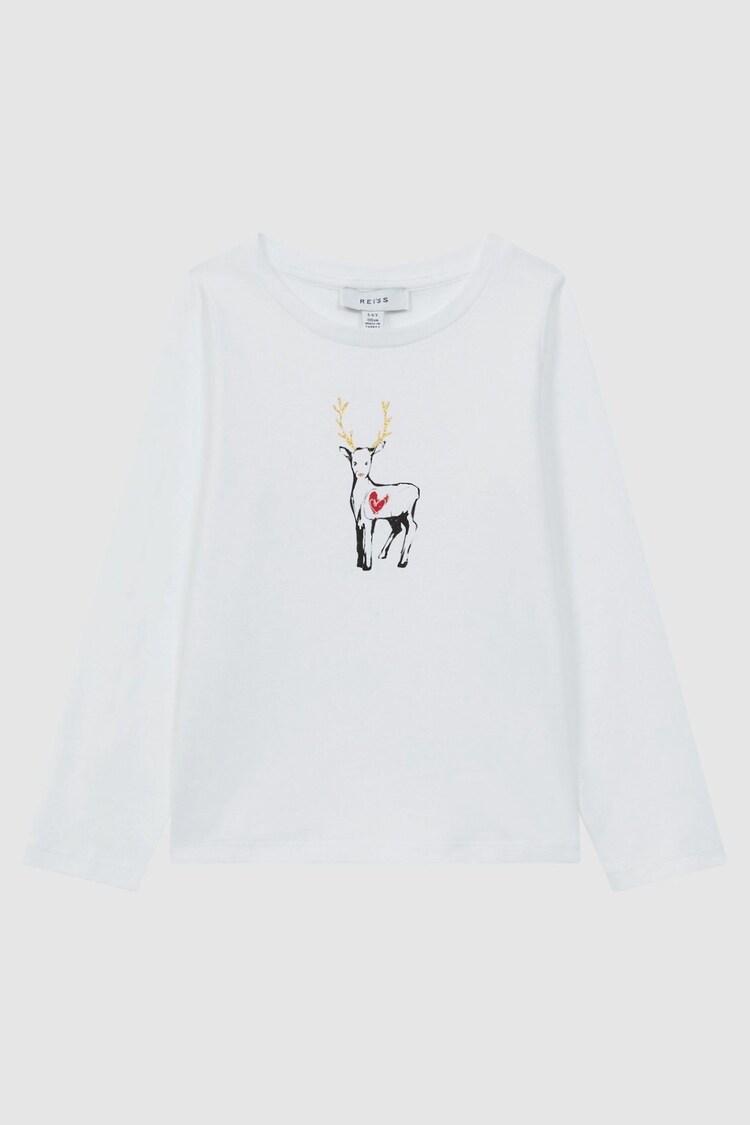 Reiss White Marli 4-9 yrs Cotton Reindeer Long Sleeve T-Shirt - Image 1 of 1