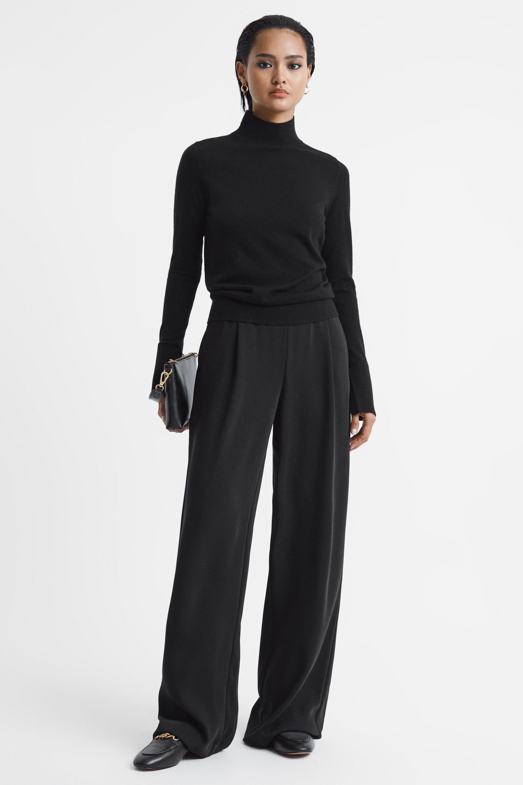 Buy Reiss Black Kylie Merino Wool Fitted Funnel Neck Top from the Next ...