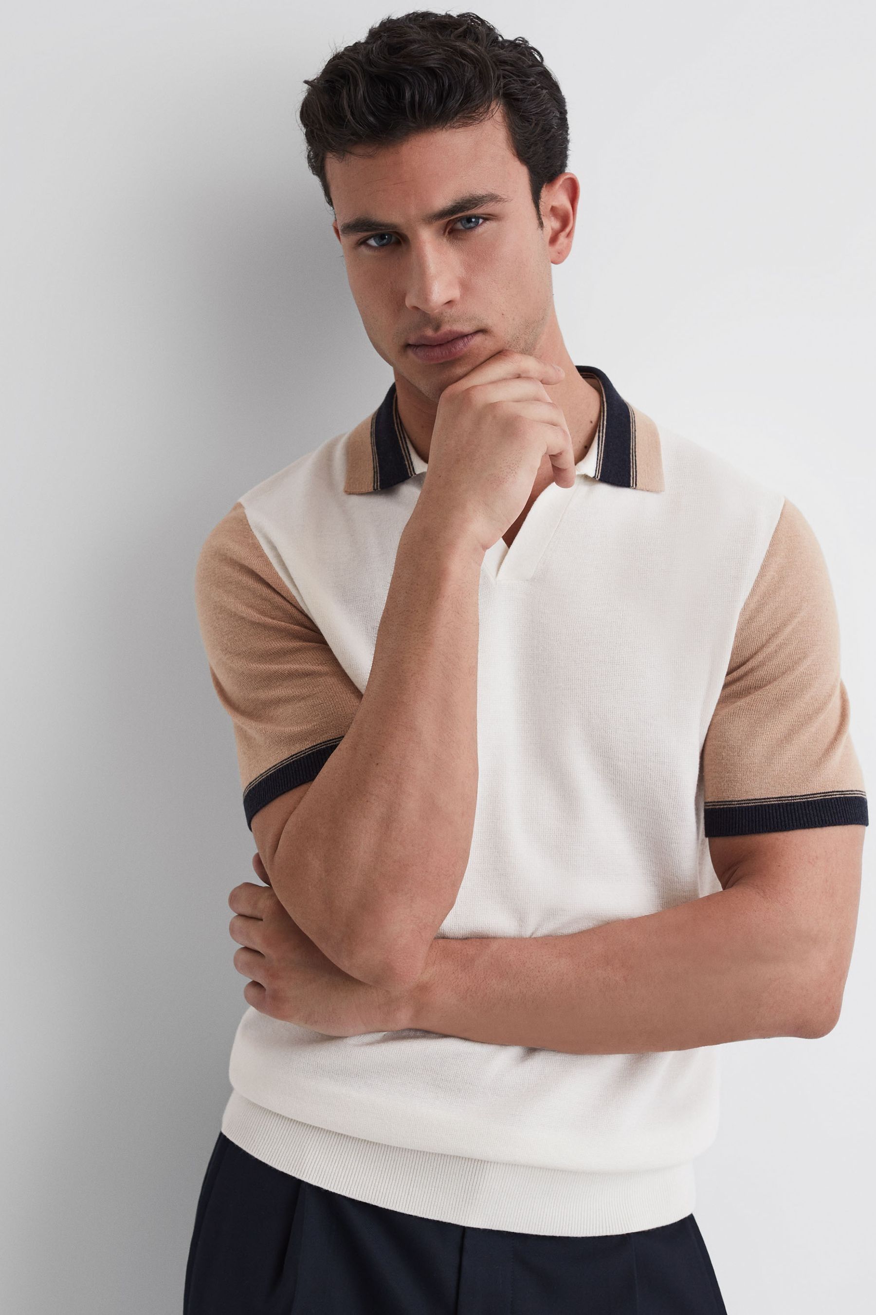 Buy Reiss Ecru/Camel Kingsford Open Collar Striped TShirt from the