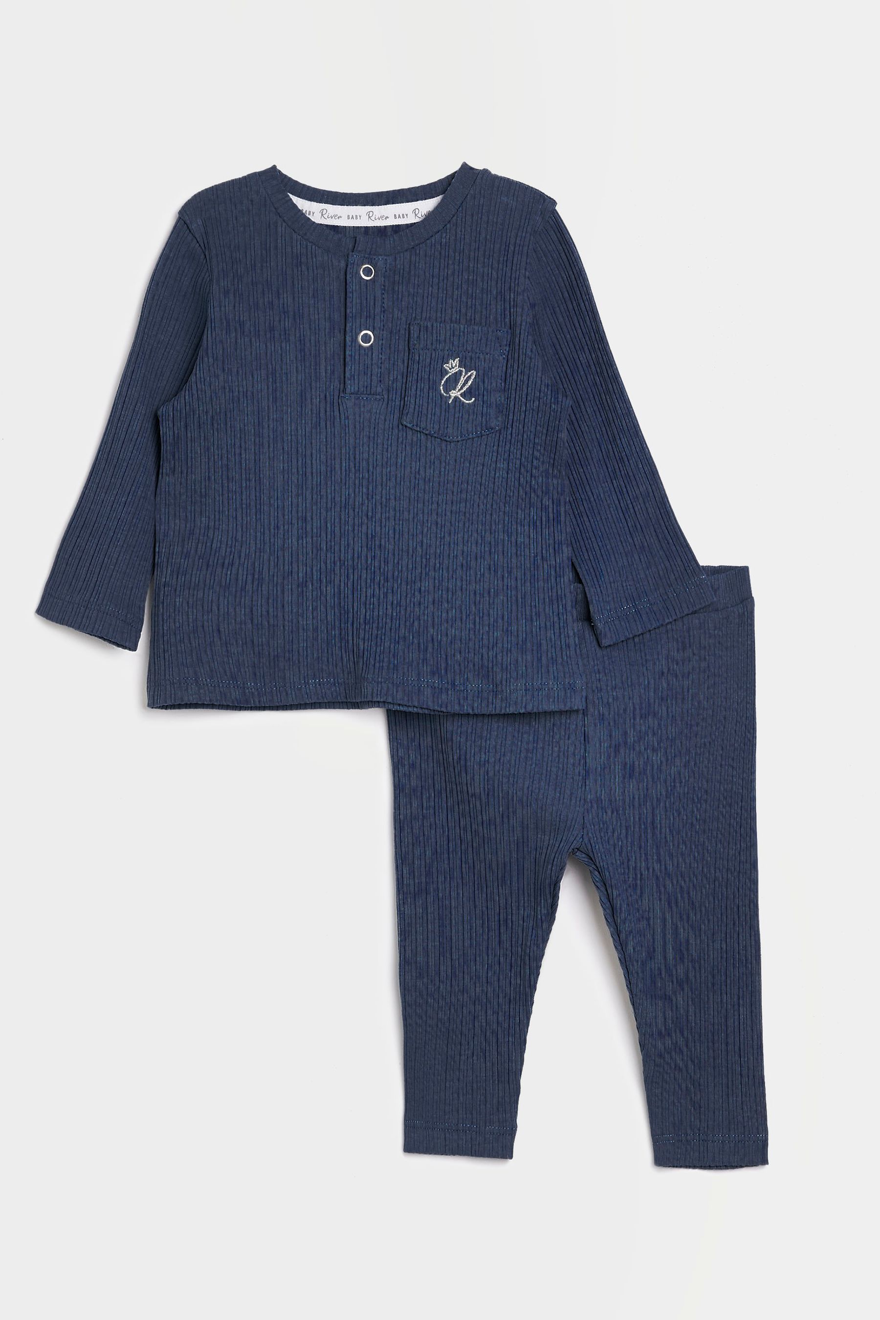 Buy River Island Navy Blue Baby Boys Pocket Long Sleeve Rib Set from