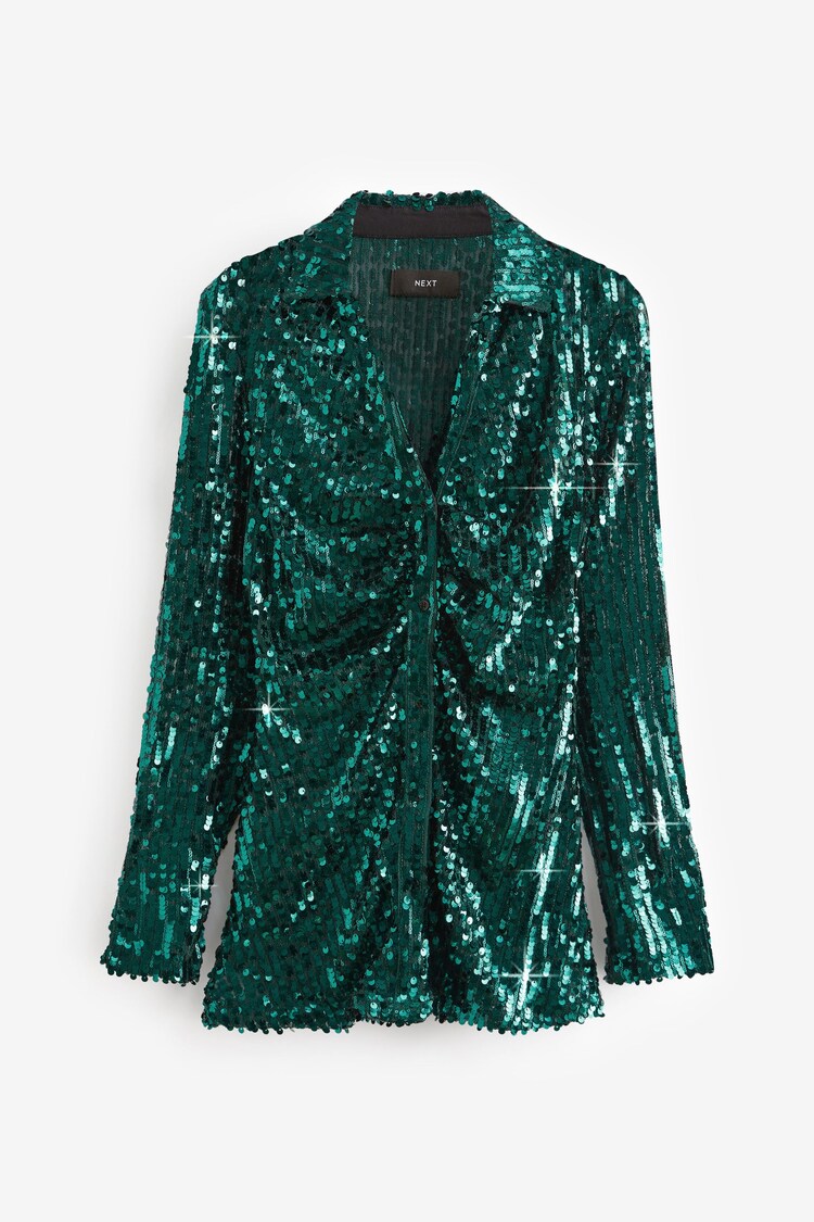 Green Long Sleeve Sequin Ruched Shirt - Image 1 of 1