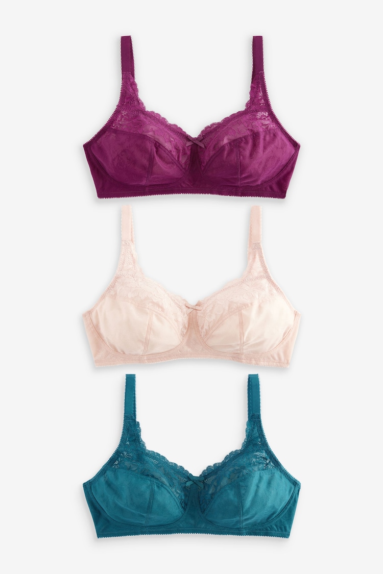 Plum Purple/Teal Blue/Light Pink Non Pad Non Wire Total Support Full Cup Lace Bras 3 Pack - Image 1 of 1