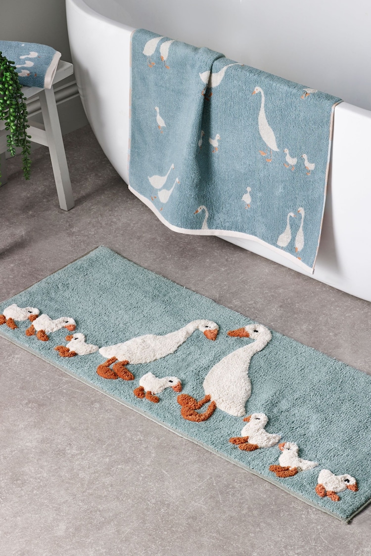 Teal Blue Goose And Friends 100% Cotton Runner Bath Mat - Image 1 of 1