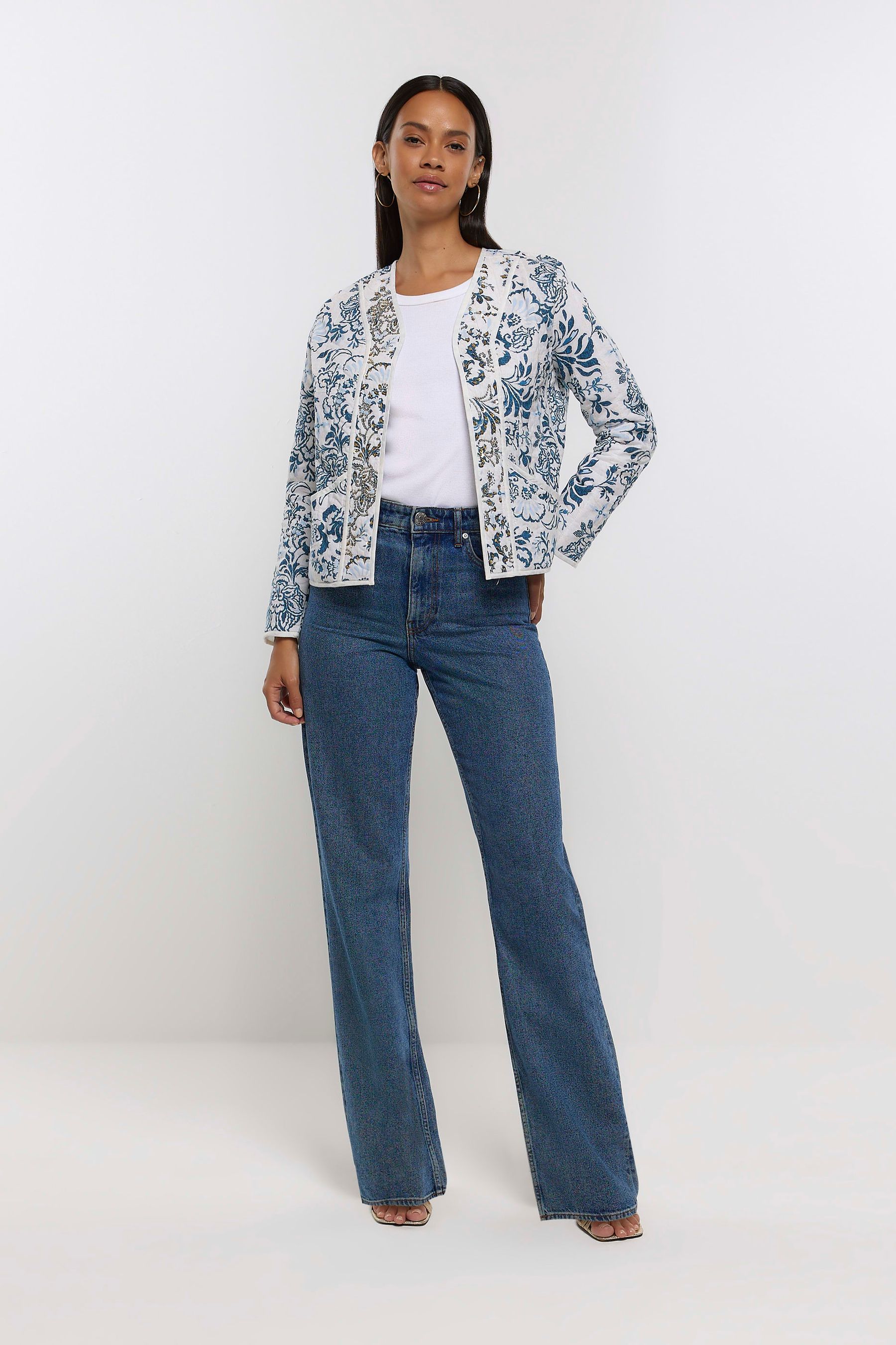 Buy River Island Blue Printed Peak Sleeve Jacket from Next Ireland