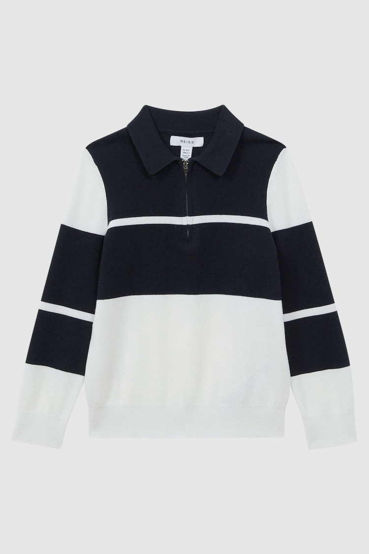 Reiss Navy/White Tokyo Senior Slim Fit Half-Zip Long Sleeve Polo Shirt - Image 1 of 1