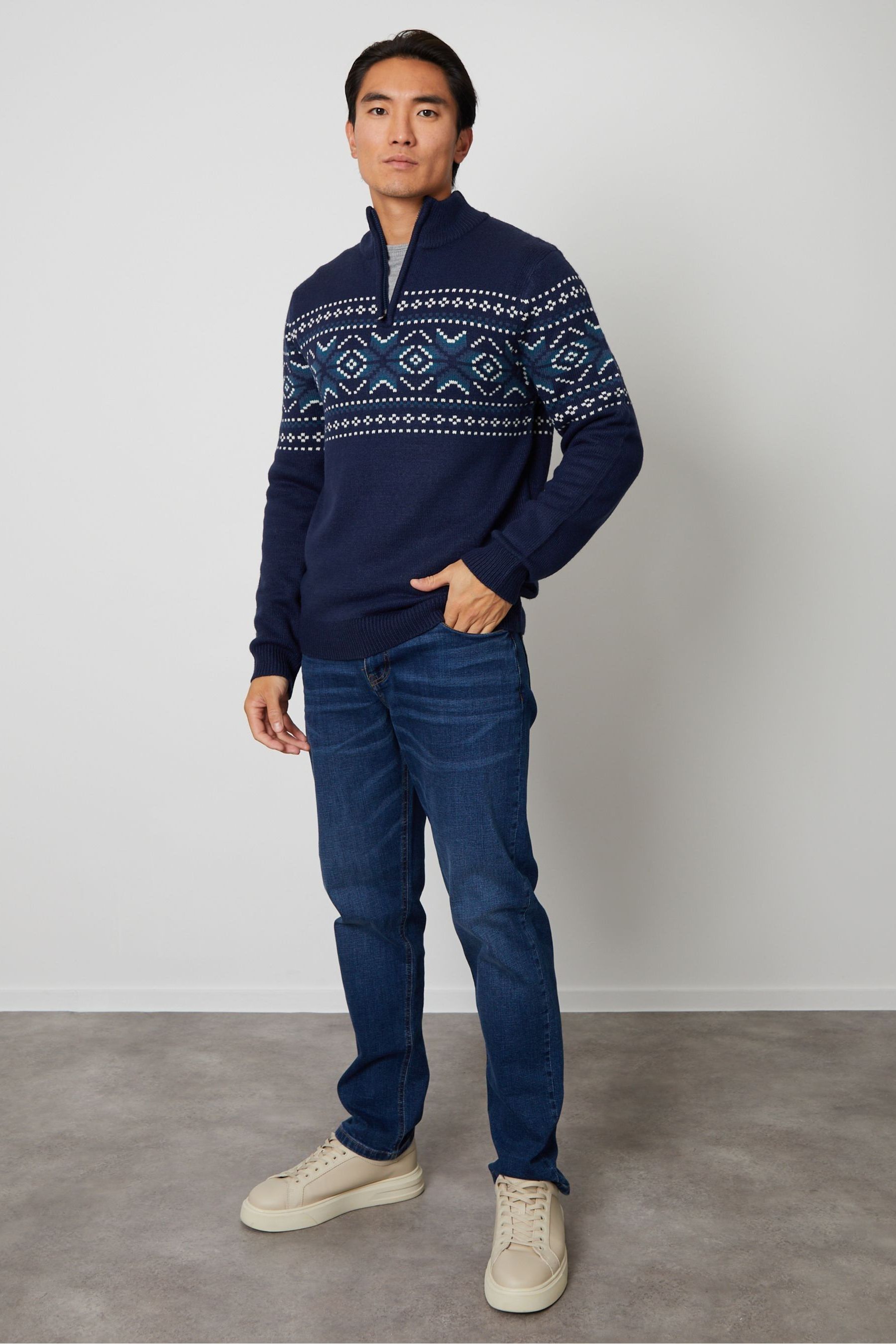 Buy Threadbare Blue 1/4 Zip Christmas Knitted Jumper from Next Ireland