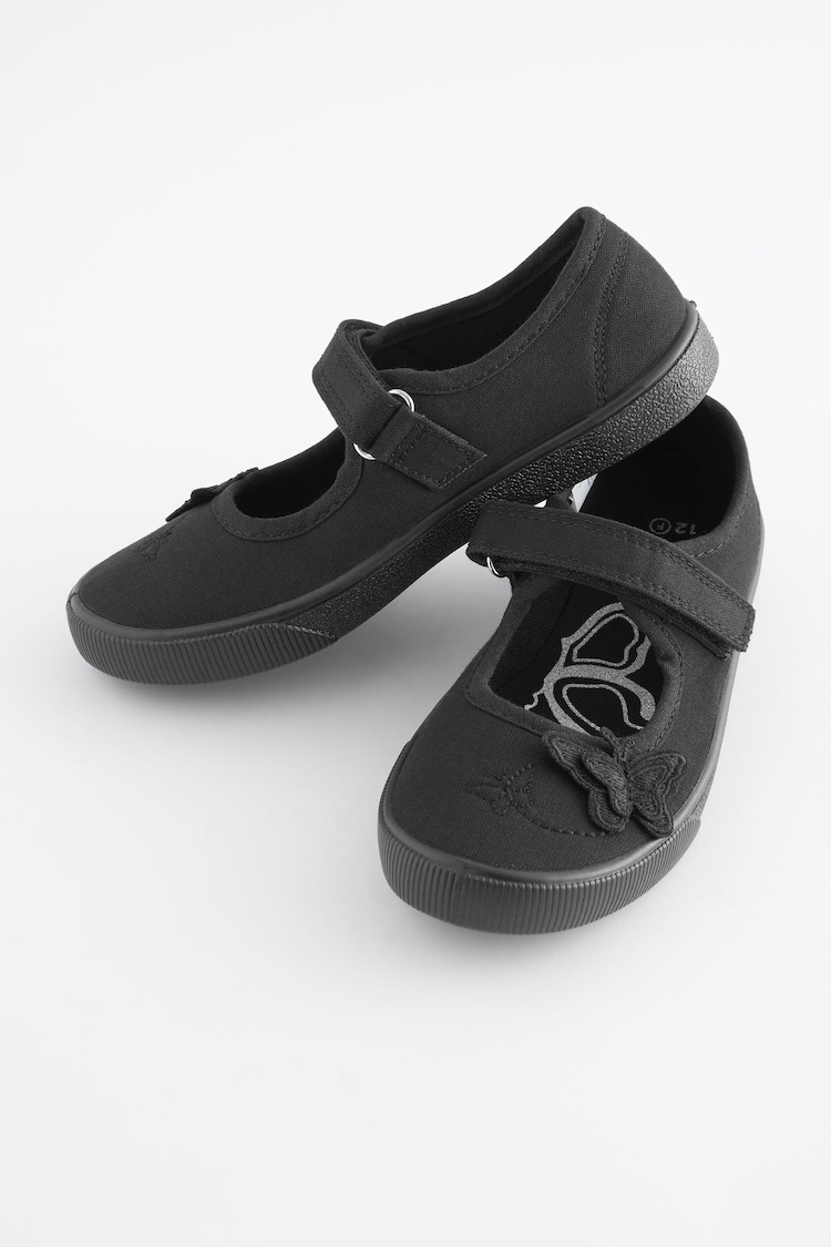 Black Standard Fit (F) Butterfly Embroidered School Plimsoll Shoes - Image 1 of 1