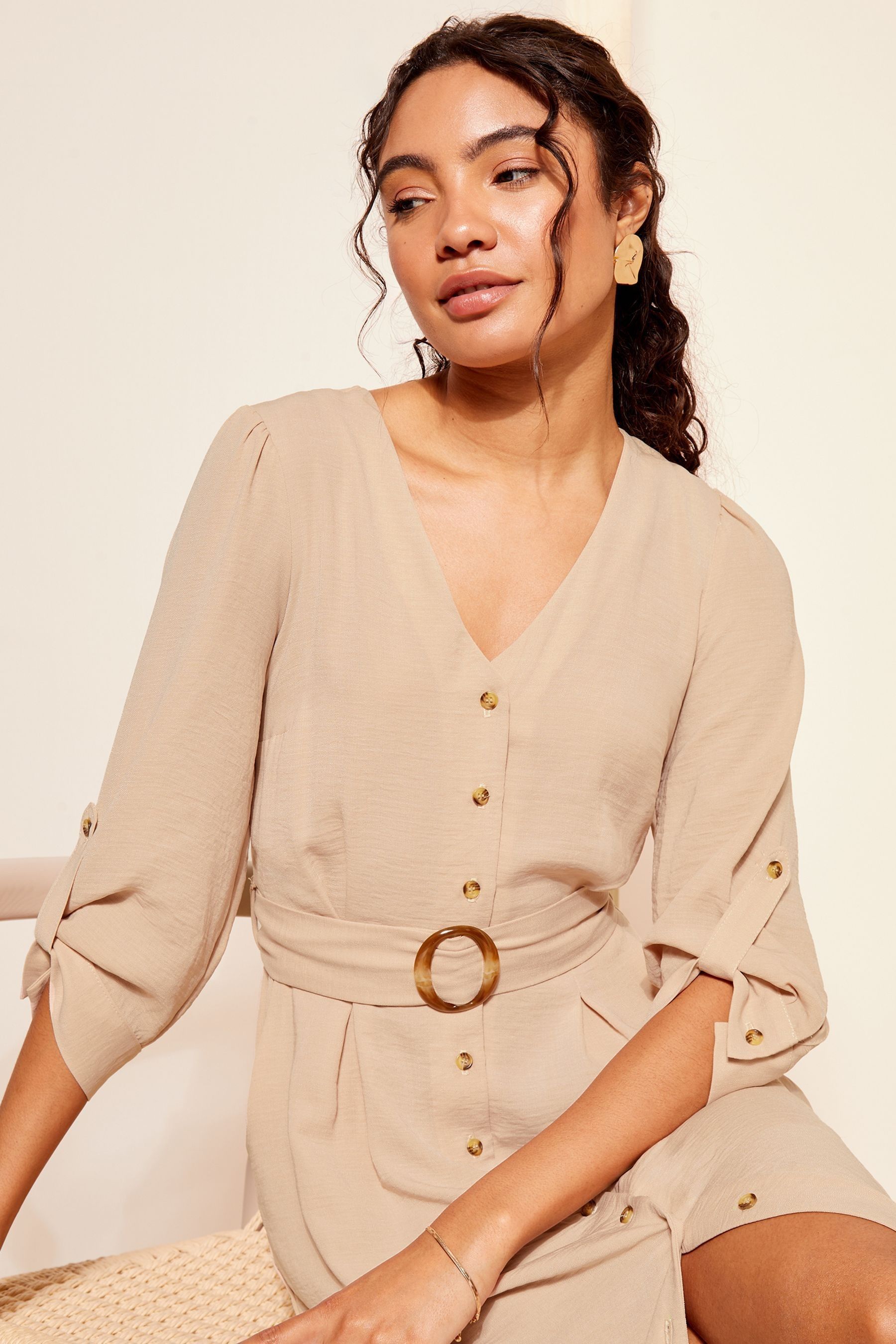 Clea | Cream Crew-Neck Belted Midi Dress With Front-Pockets