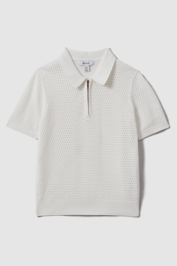 Reiss Optic White Burnham Teen Textured Half-Zip Polo T-Shirt - Image 1 of 1