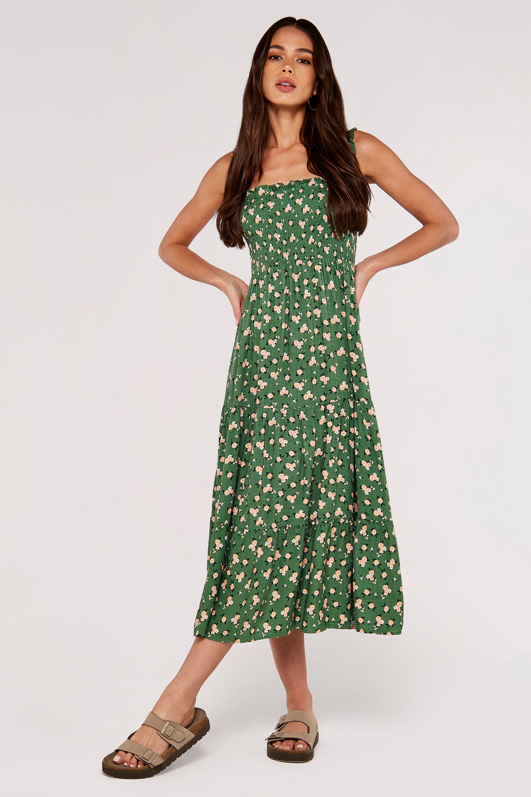 Buy Apricot Green Multi Ditsy Floral Smocked Midi Dress from the Next ...
