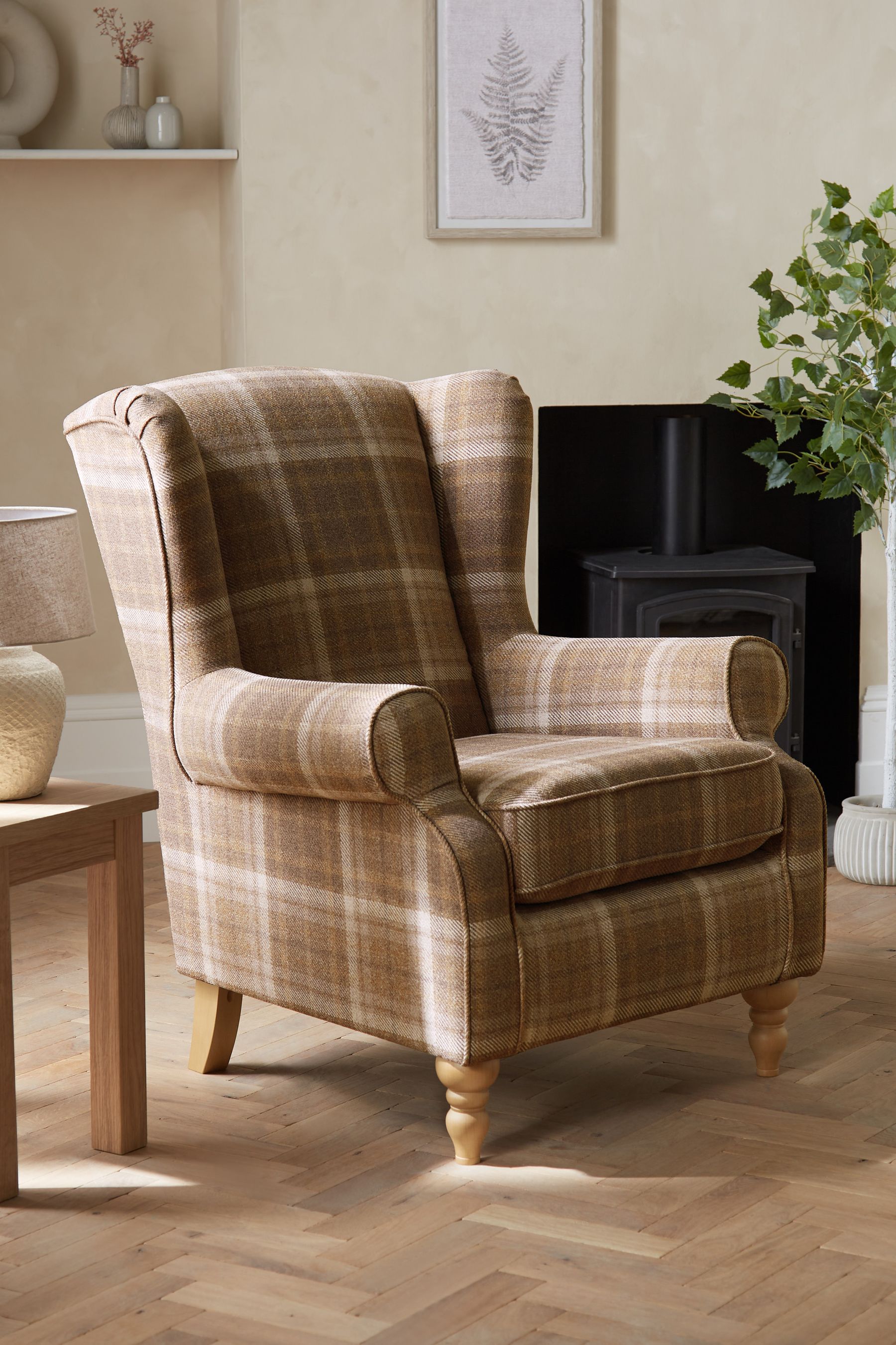 Buy Tweedy Check Burford Natural Sherlock Highback Armchair from the