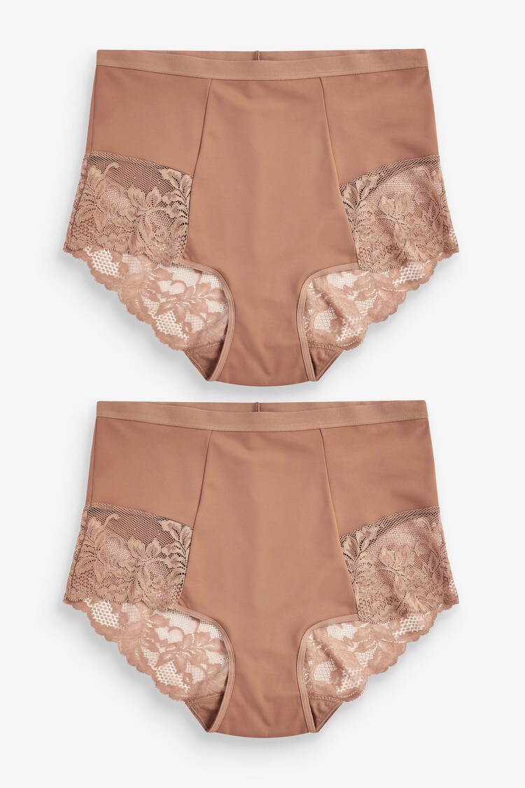 Caramel Nude Print Tummy Control Shaping Lace Back Brazilian Knickers 2 Pack - Image 1 of 1