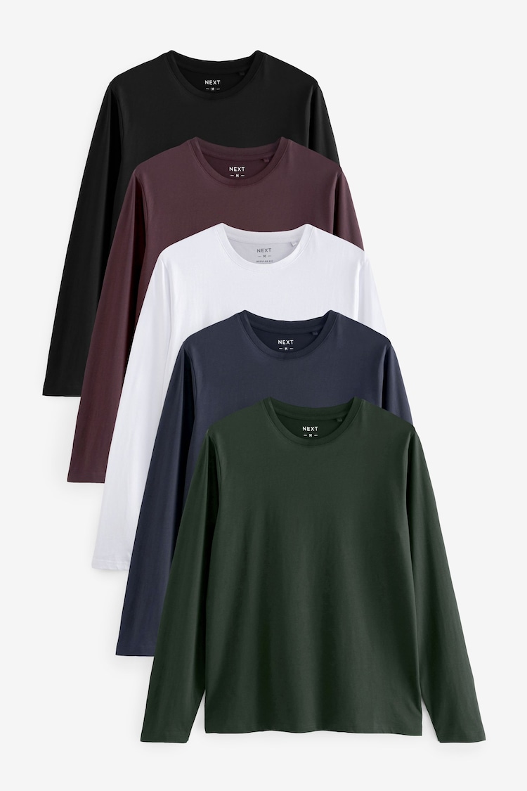 Черный/белый/темно-синий/зеленый/бордово-красный - Обычный крой - Regular Fit Long Sleeve 100% Cotton T-Shirts 5 Pack - Image 1 of 1