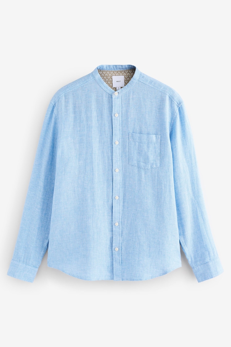 Blue Grandad Collar Cotton Linen Blend Long Sleeve Shirt - Image 1 of 1