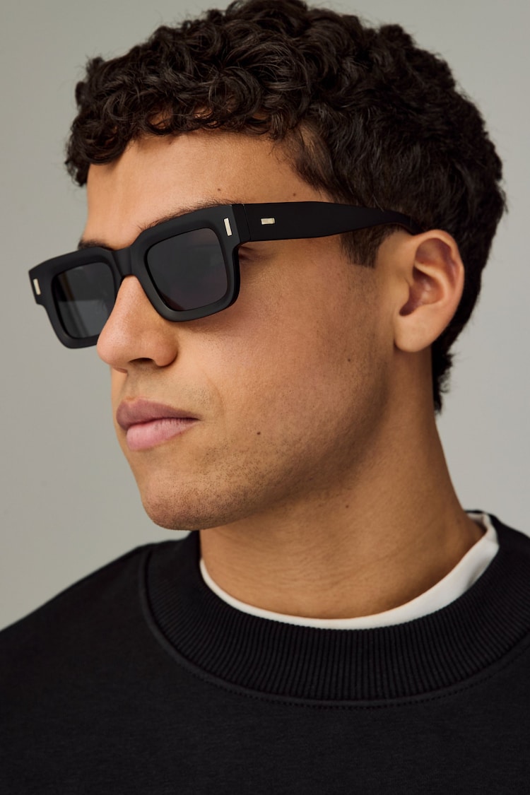 Black Rectangular Chunky Frame Sunglasses - Image 1 of 1