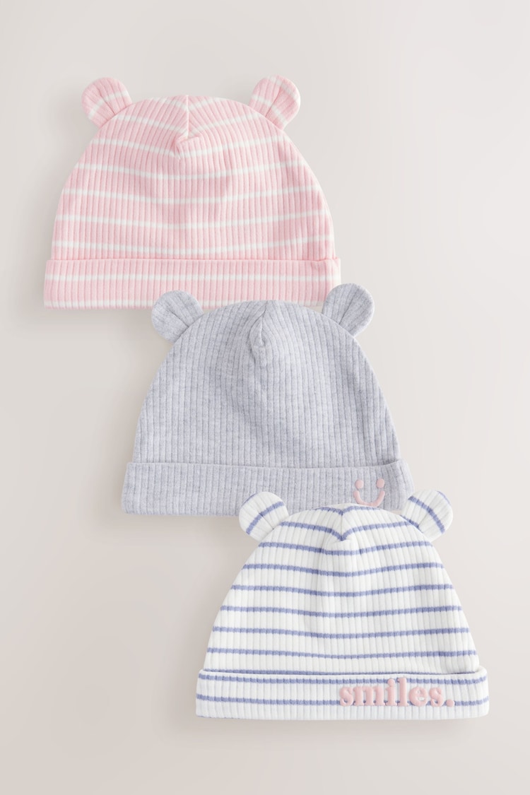 Pink/Grey Baby Beanie 100% Cotton Hats 3 Pack (0-18mths) - Image 1 of 1