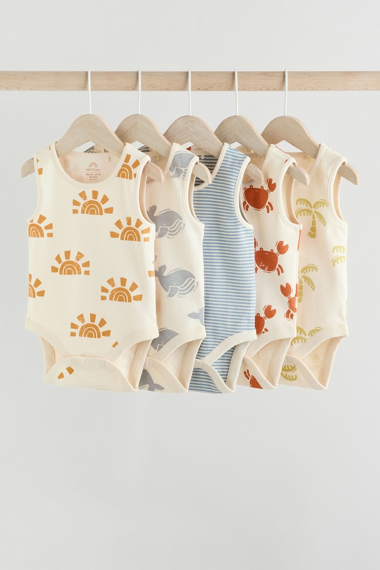 Cream/ Blue/ Orange Sea Character 100% Cotton Baby Vest Bodysuits 5 Pack - Image 1 of 1
