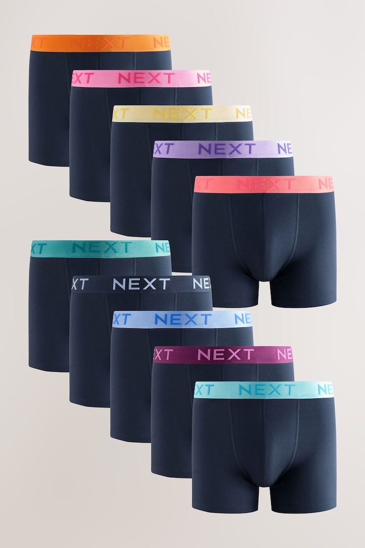 Navy Bright Contrast Waistband Rich Trunk Boxers 10 Pack - Image 1 of 1