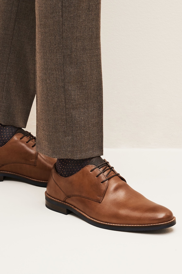 Tan Brown Wide Fit Leather Derby Shoes with Navy Contrast Sole - Image 1 of 1
