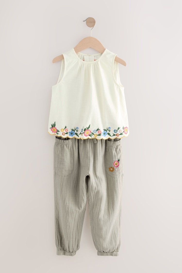 Khaki Green 100% Cotton Embroidered Top and Trousers Set (3-16yrs) - Image 1 of 1
