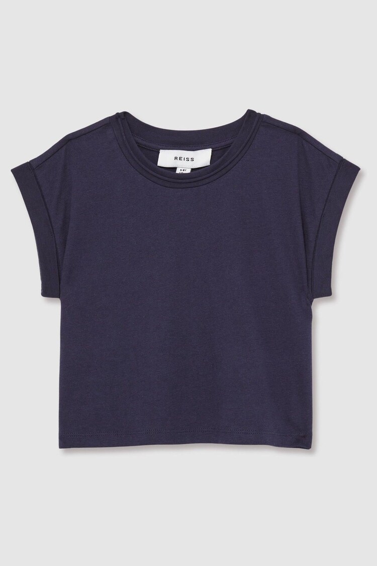 Reiss Navy Terry 9-13 yrs Cotton-Jersey Cropped T-Shirt - Image 1 of 1