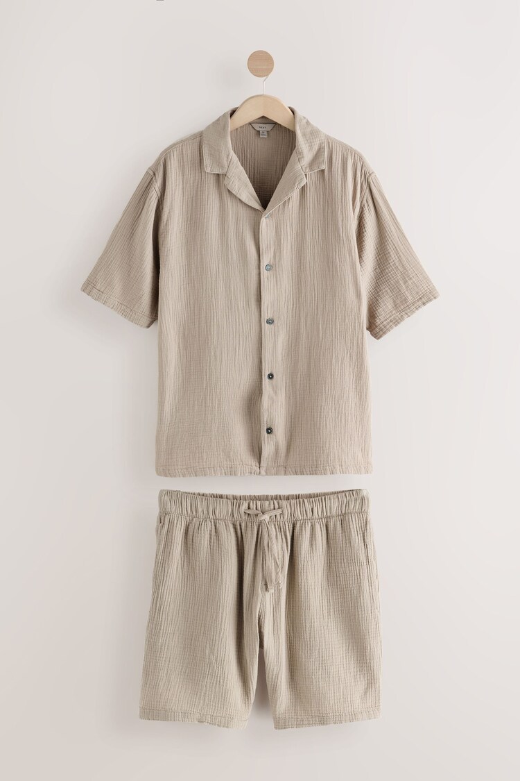 Neutral Stone Cheesecloth 100% Cotton Shirt And Shorts Set - Image 1 of 1