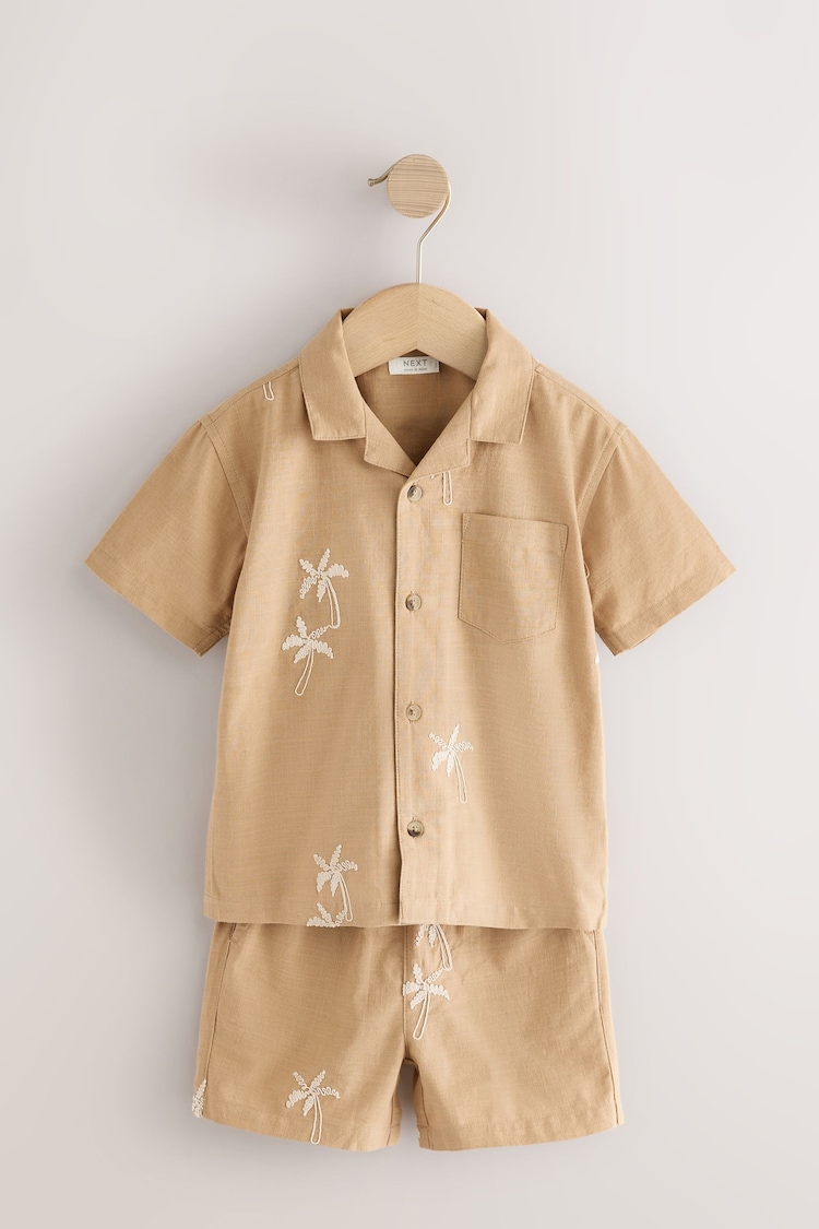 Tan Brown Texture Palm Short Sleeves Revere Collar Texture 100% Cotton Shirt & Shorts Set (3mths-7yrs) - Image 1 of 1